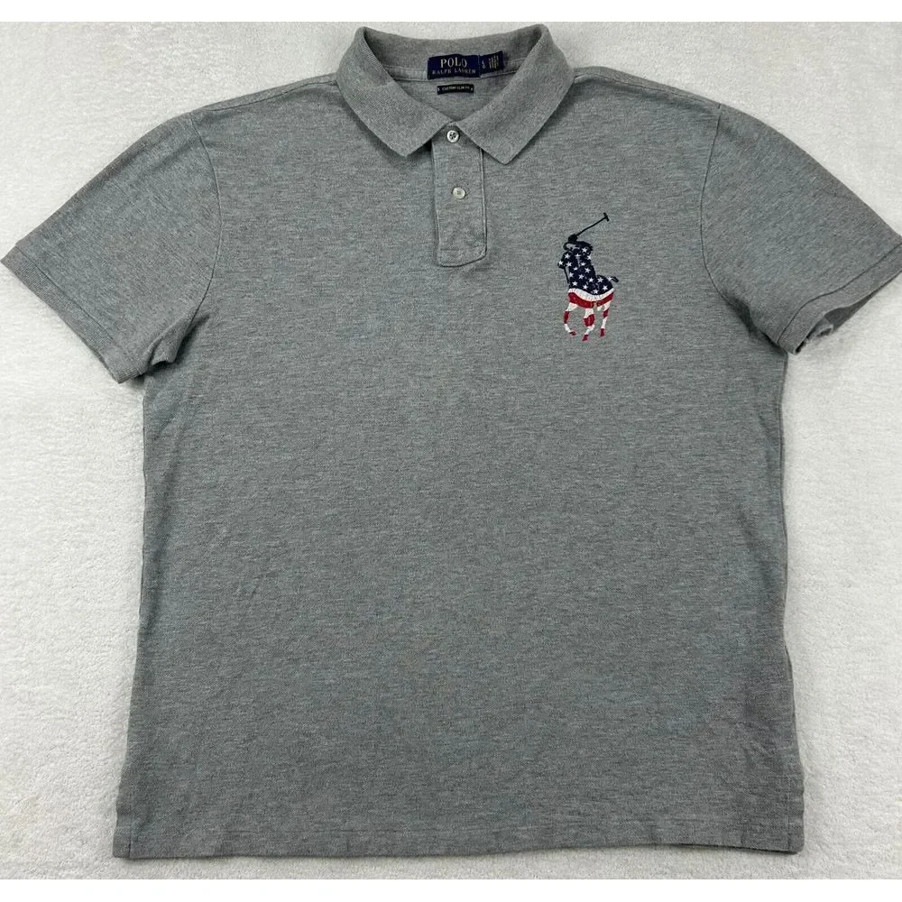 Polo Ralph Lauren Custom Slim‎ Fit Men L Gray Embordered Big Pony Red White Blue - Picture 3 of 9